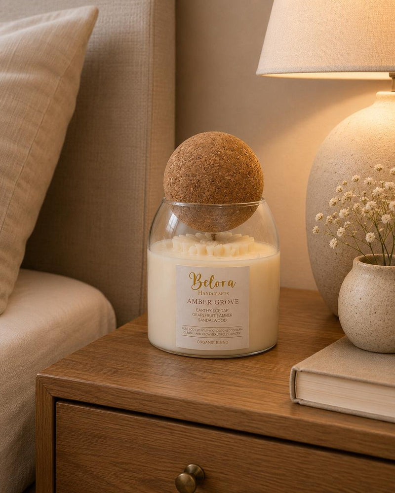 Amber Grove candle on a wooden bedside table next to a lamp