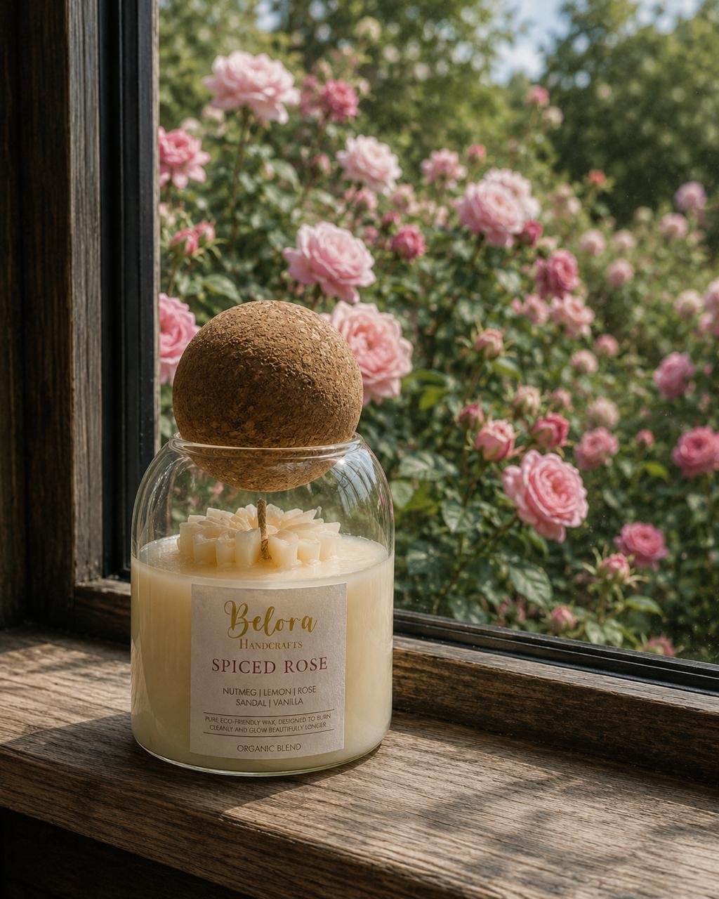 Spiced Rose candle on a wooden windowsill with a rose garden behind it