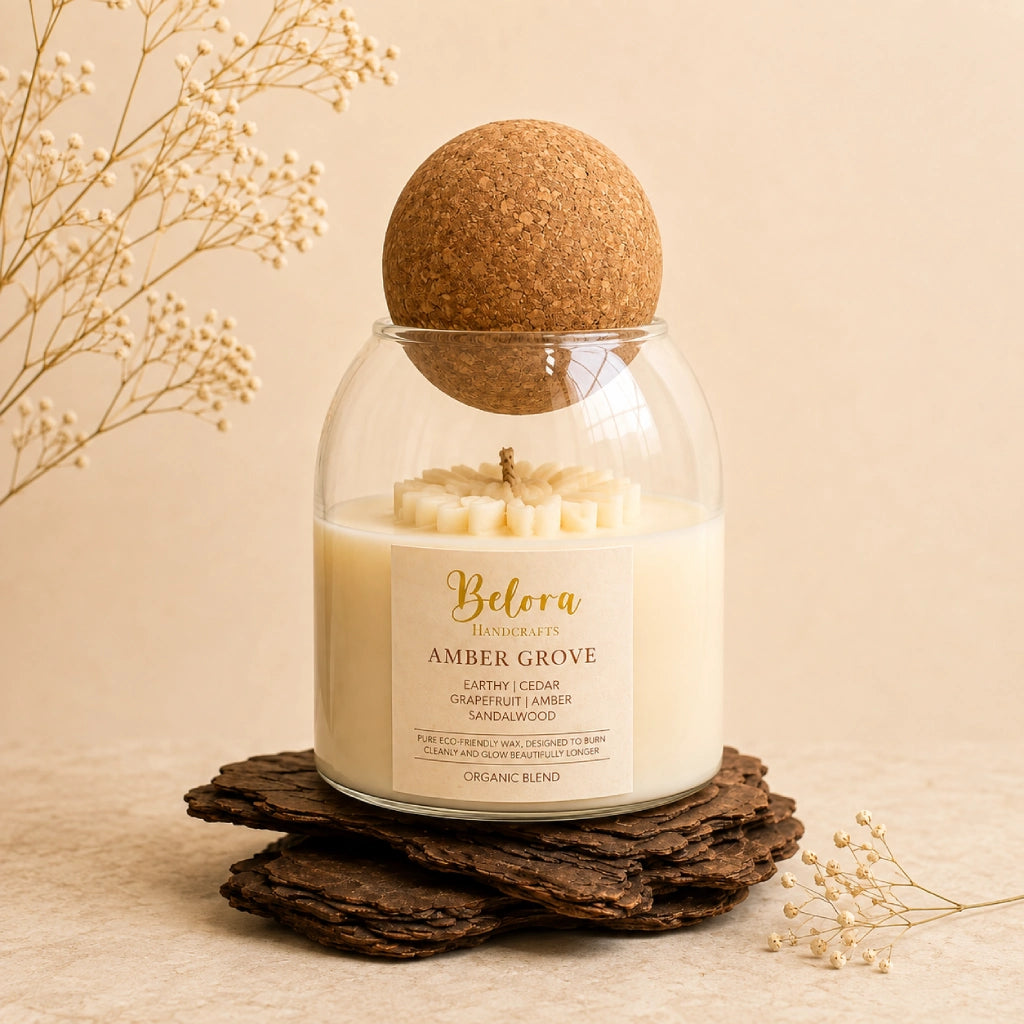 Amber Grove candle by Belora Handcrafts in a glass jar with a cork ball lid, set on a piece of bark