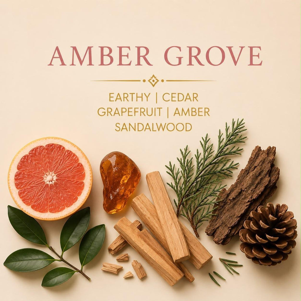 Amber Grove candle scent notes with earthy notes, cedar, grapefruit, amber and sandalwood