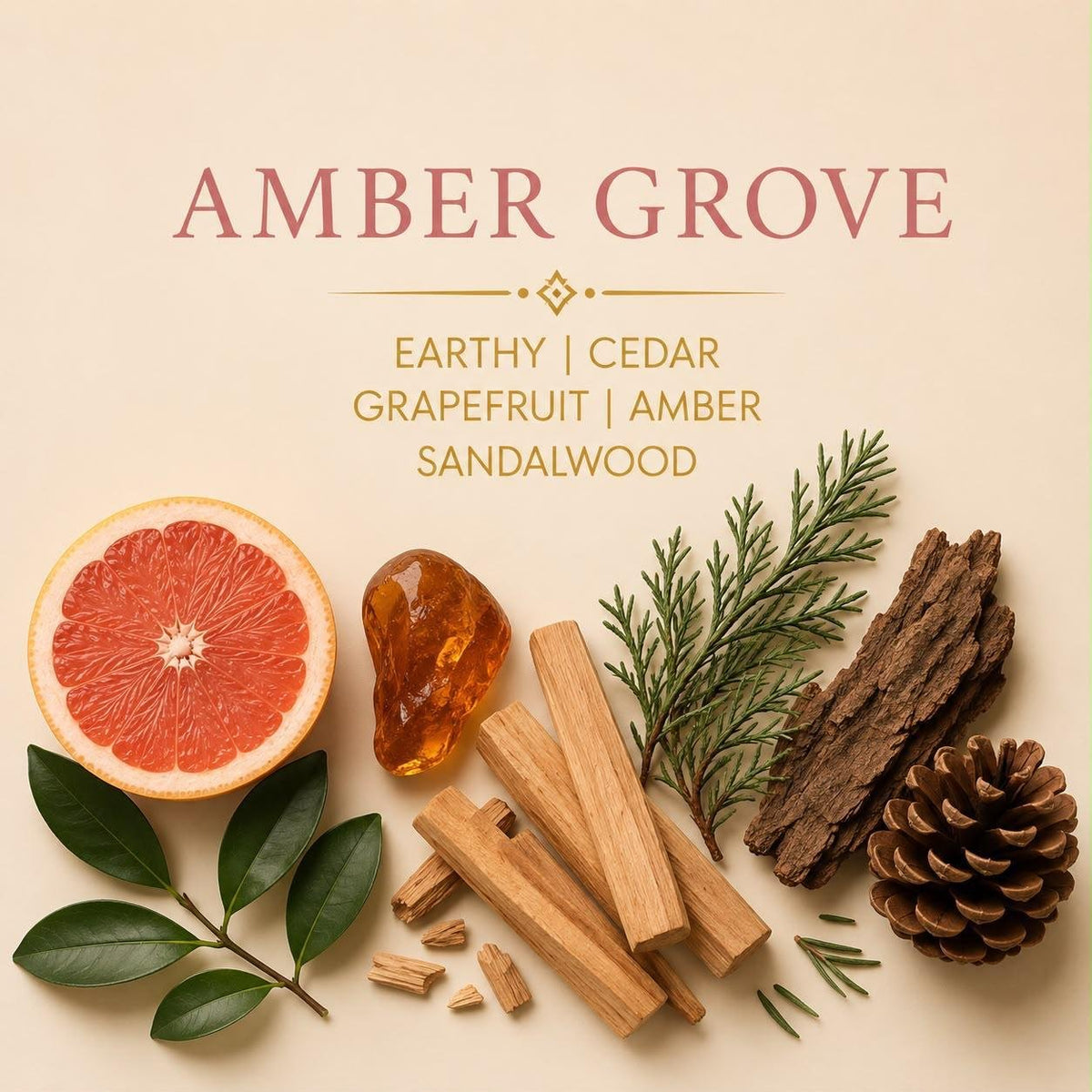 Amber Grove candle scent notes with earthy notes, cedar, grapefruit, amber and sandalwood