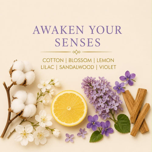 Awaken Your Senses candle scent notes with cotton, blossom, lemon, sandalwood, violet and lilac