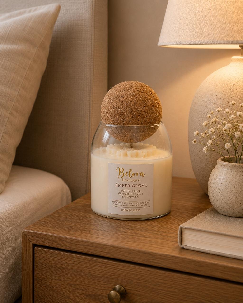 Amber Grove candle on a wooden bedside table next to a lamp