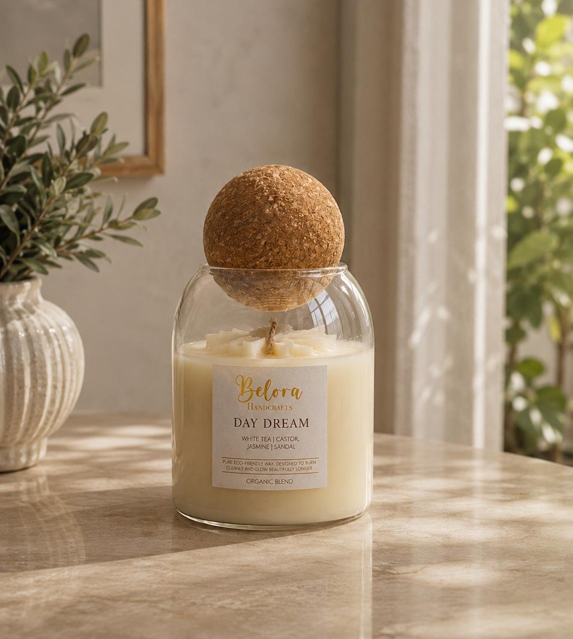 Day Dream candle on a sunlit stone table beside an olive branch in a vase