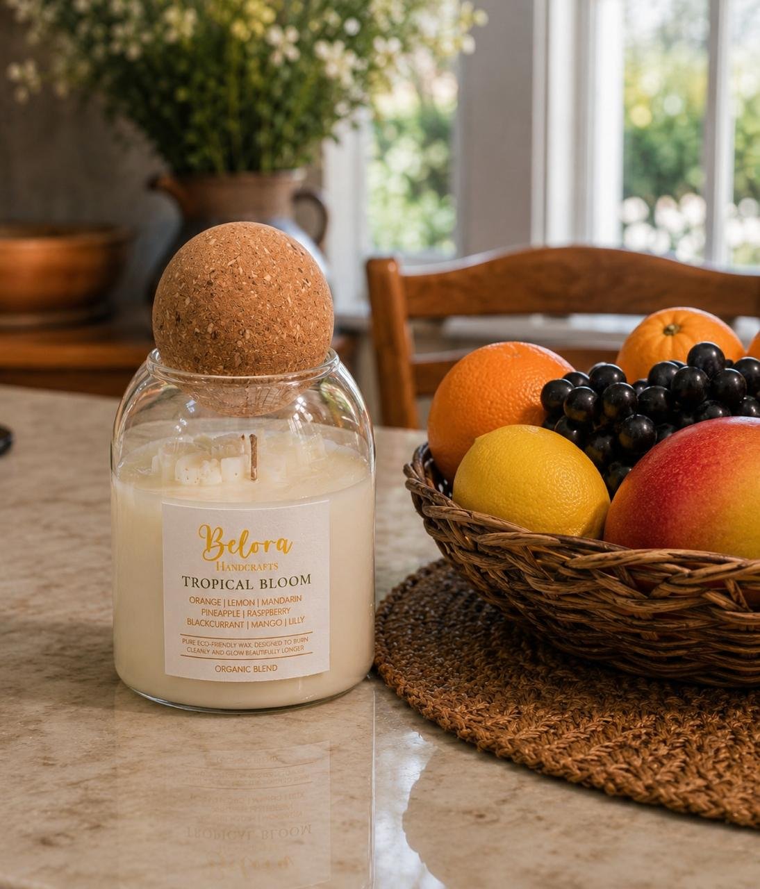 Belora candle on a kitchen table beside a bowl of fruit