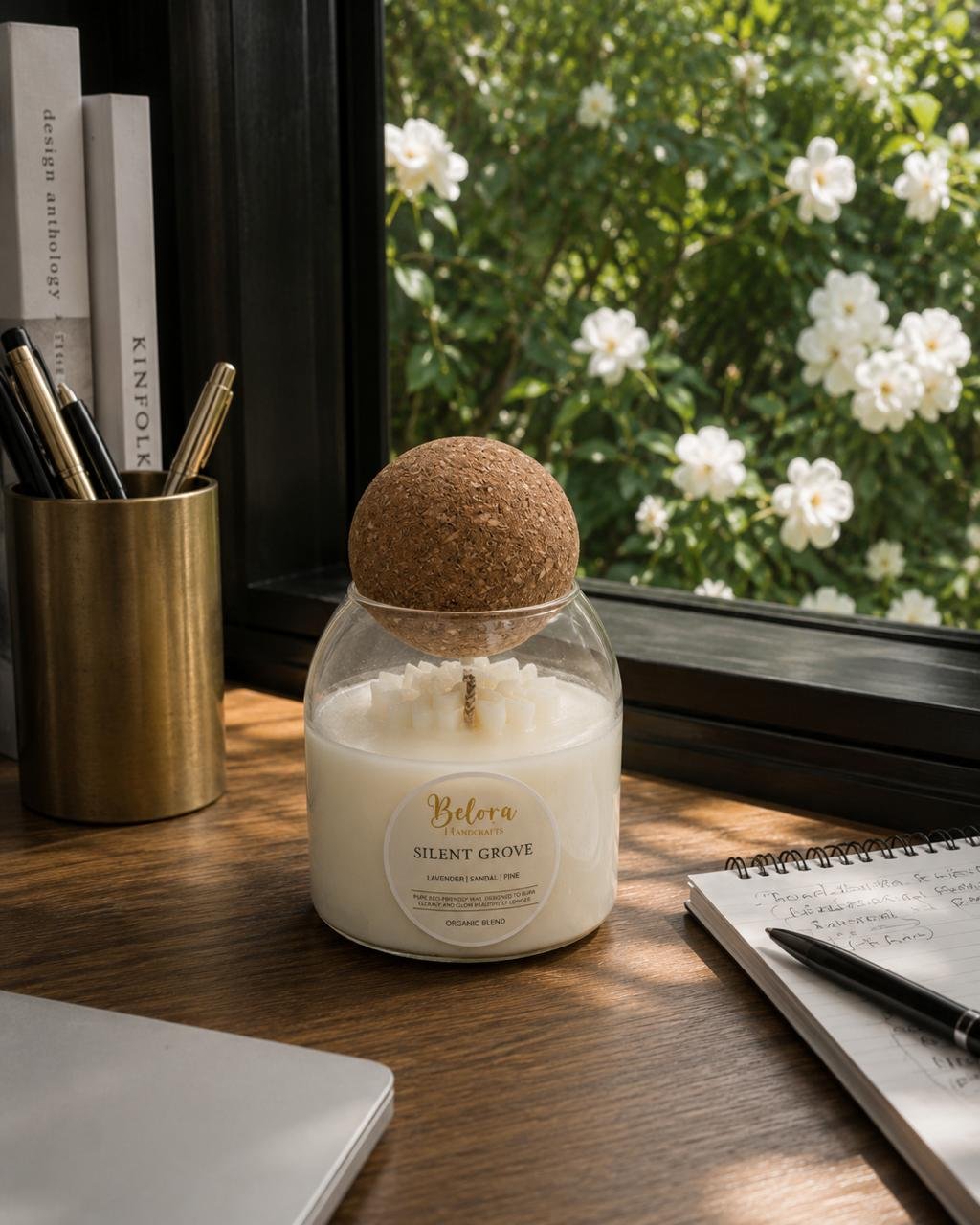 Silent Grove candle on a wooden desk by a window with white flowers outside