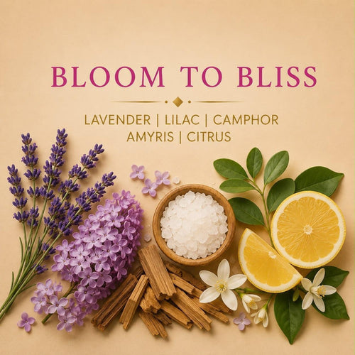 Bloom to Bliss candle scent notes with lavender, lilac, camphor and amyris