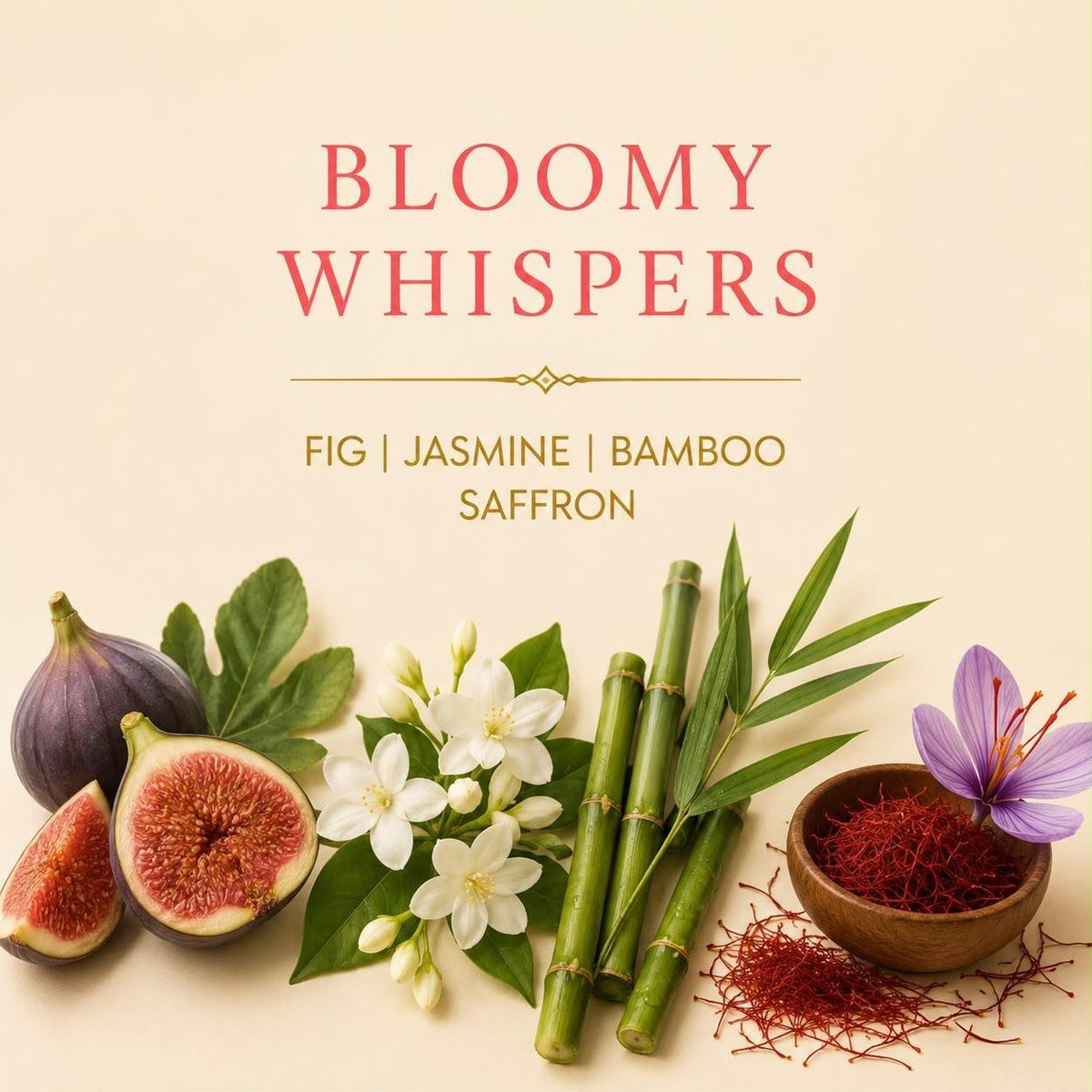 Bloomy Whispers candle scent notes with fig, jasmine, bamboo and saffron