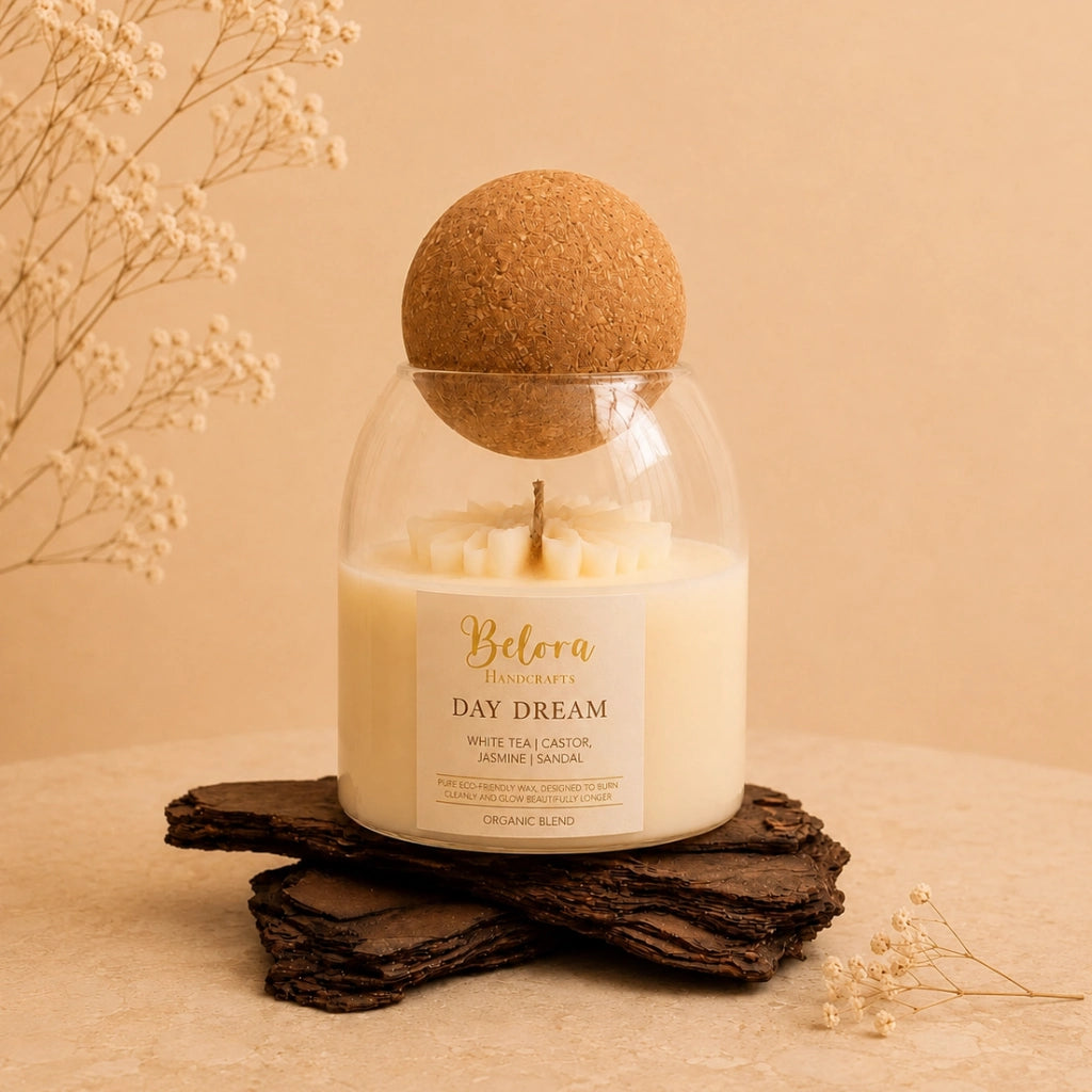 Day Dream candle by Belora Handcrafts in a glass jar with a cork ball lid, set on a piece of bark