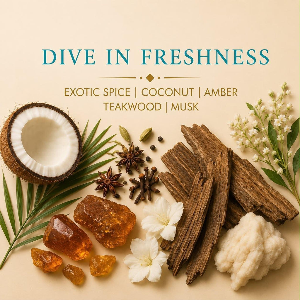 Dive in Freshness candle scent notes with exotic spice, coconut, amber, teakwood and musk