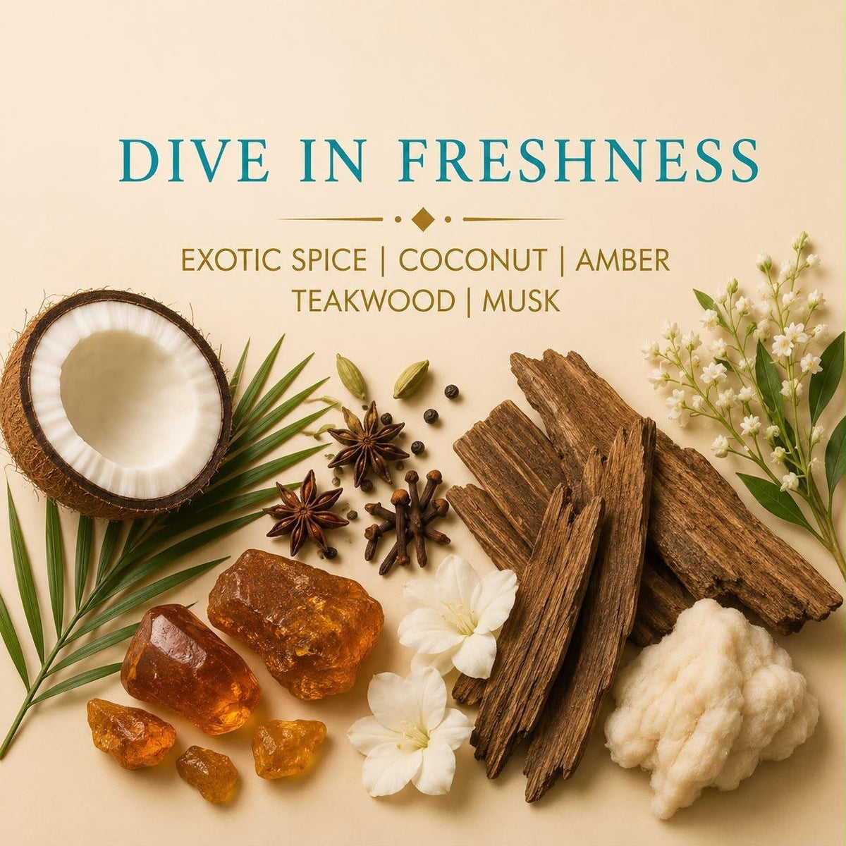 Dive in Freshness candle scent notes with exotic spice, coconut, amber, teakwood and musk