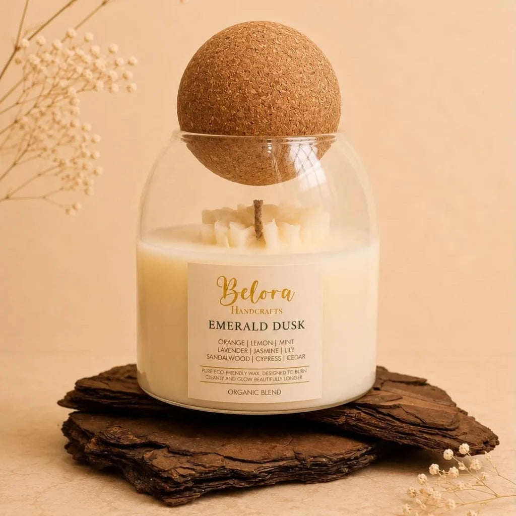 Emerald Dusk candle by Belora Handcrafts in a glass jar with a cork ball lid, set on a piece of bark