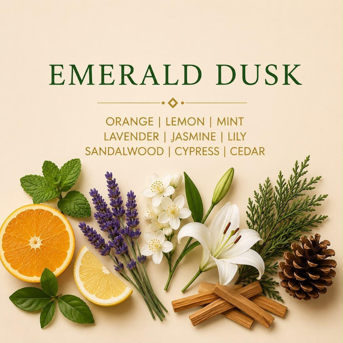 Emerald Dusk candle scent notes with orange, lemon, mint, lavender, jasmine, lily, sandalwood, cypress and cedar