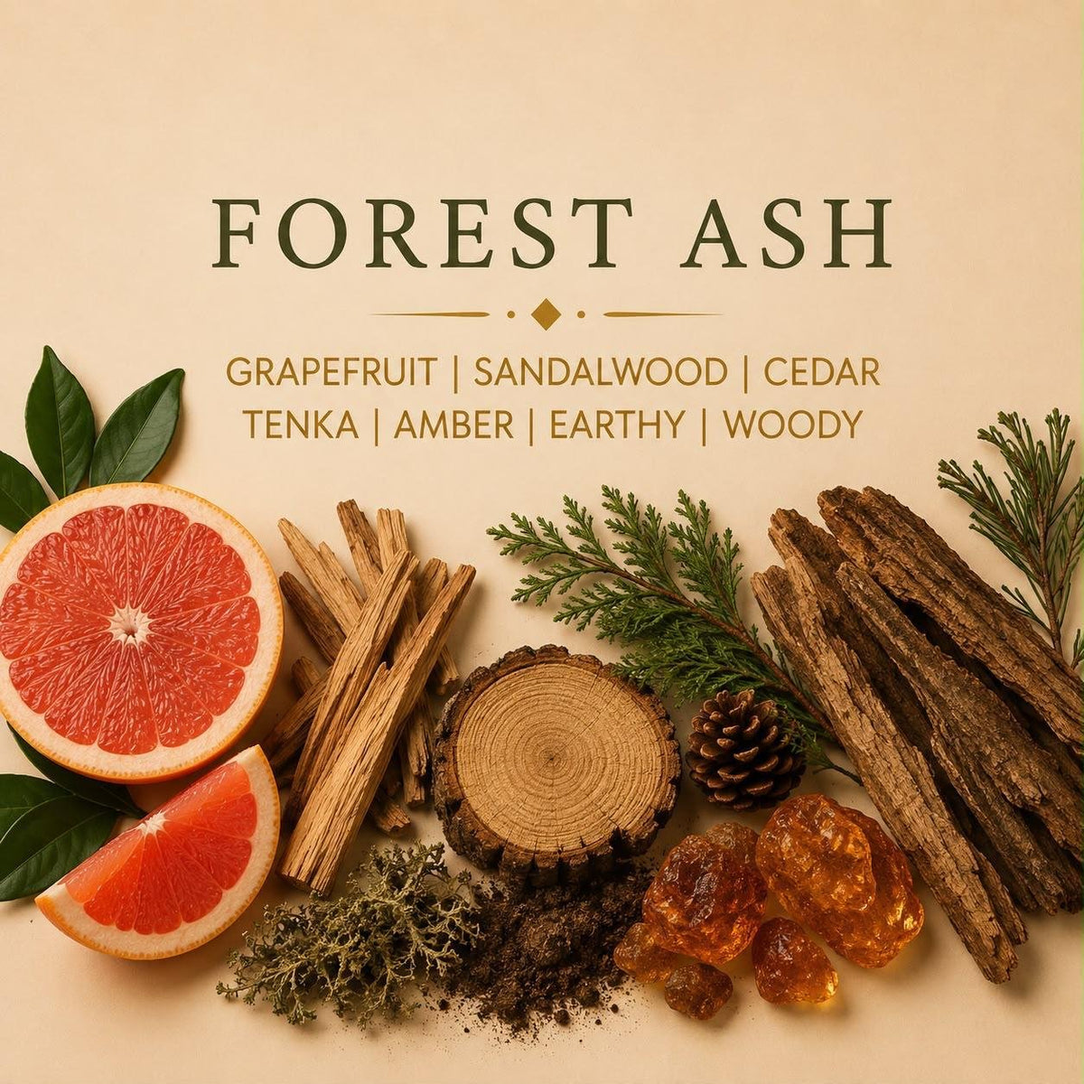 Forest Ash candle scent notes with grapefruit, sandalwood, cedar, amber, woody notes and earthy notes
