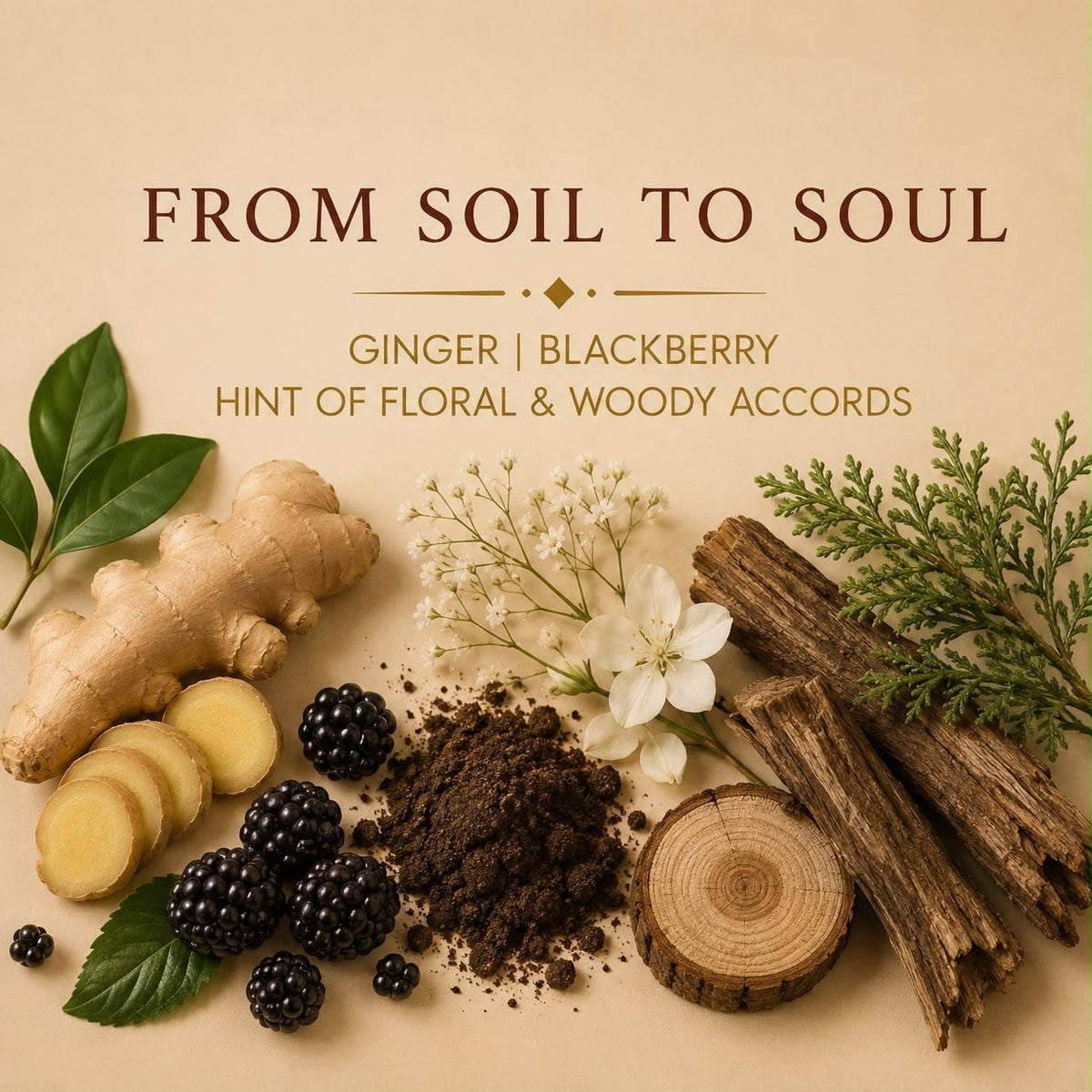 From Soil to Soul candle scent notes with ginger, blackberry, floral notes and woody accords
