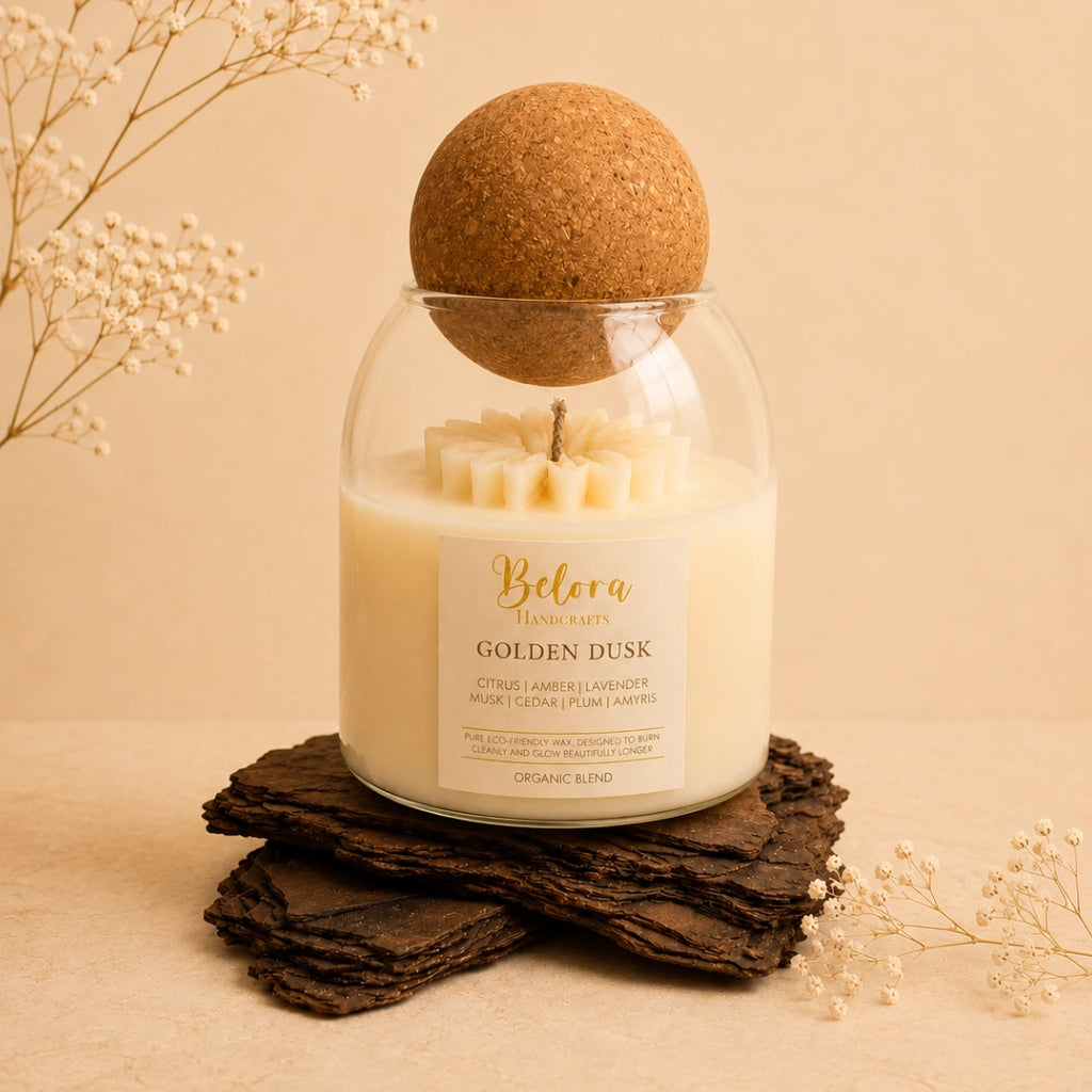 Golden Dusk candle by Belora Handcrafts in a glass jar with a cork ball lid, set on a piece of bark