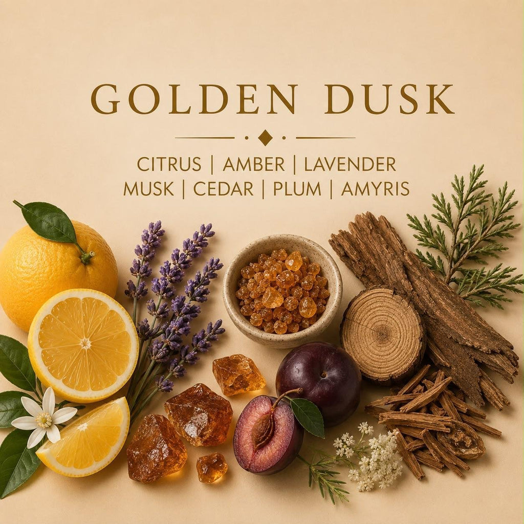 Golden Dusk candle scent notes with citrus, amber, lavender, musk, cedar and plum