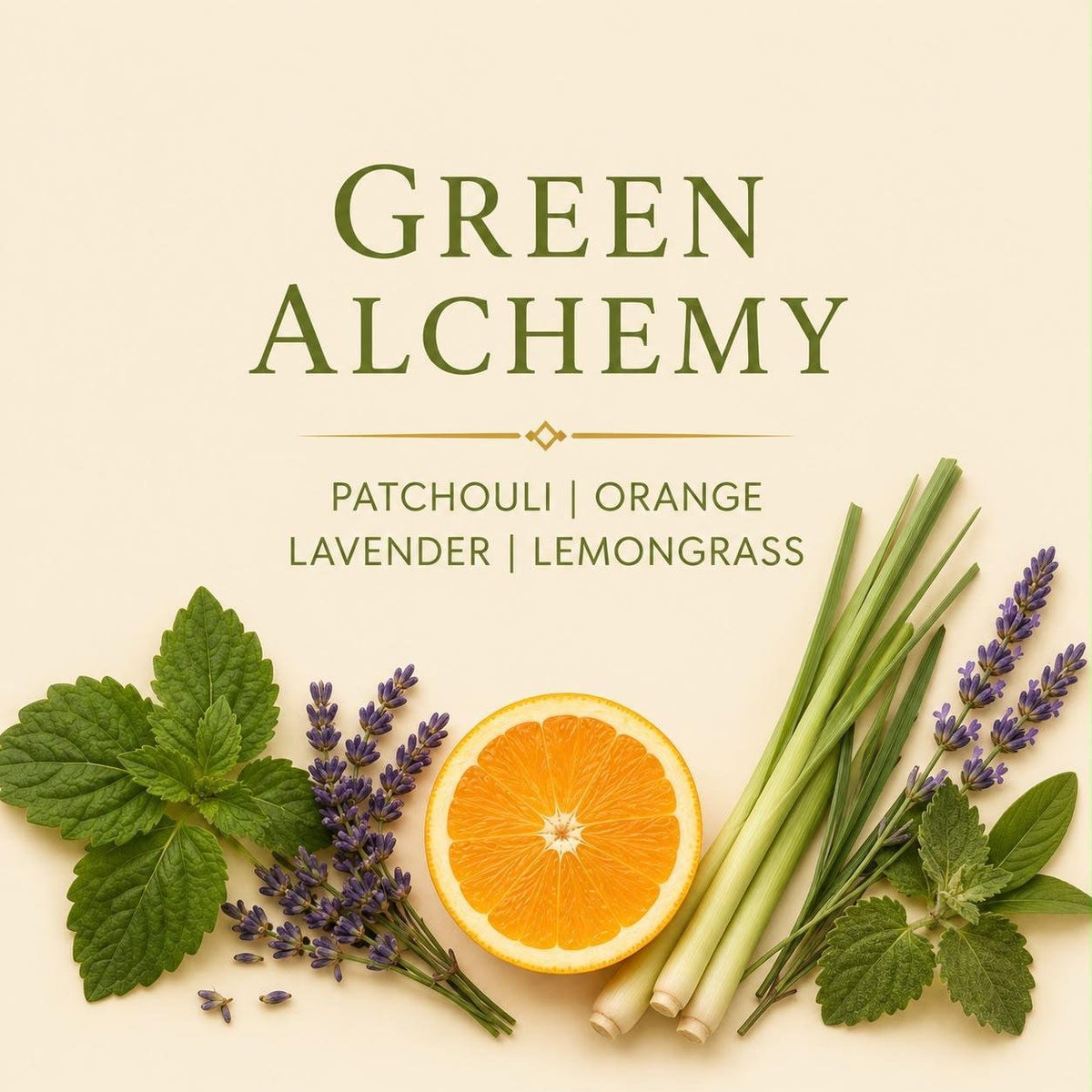 Green Alchemy candle scent notes with patchouli, orange, lavender and lemongrass