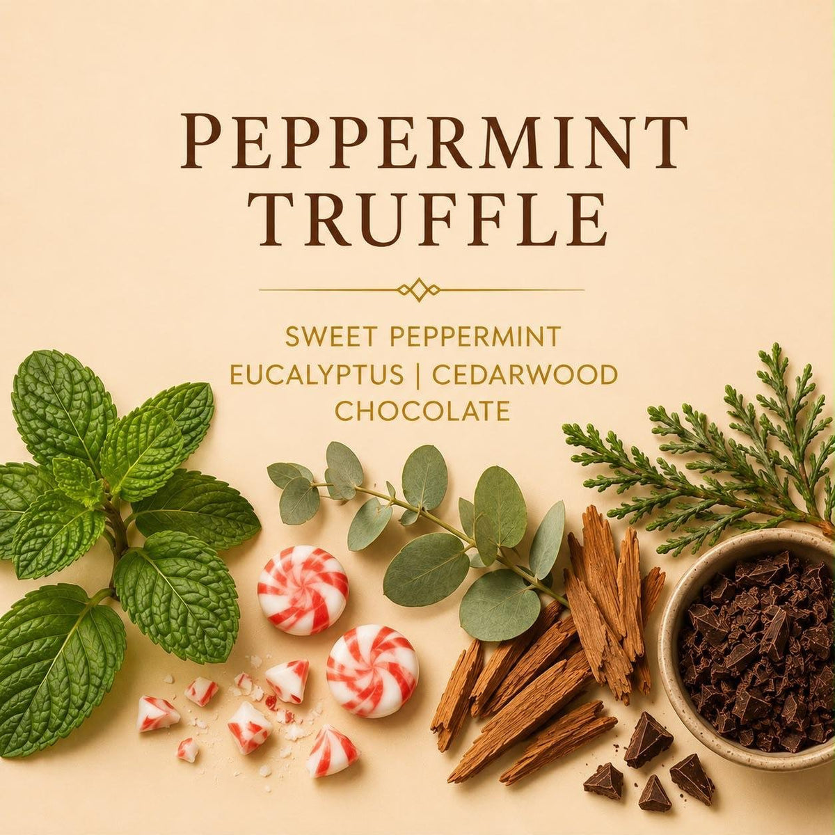 Peppermint Truffle candle scent notes with sweet peppermint, eucalyptus and chocolate