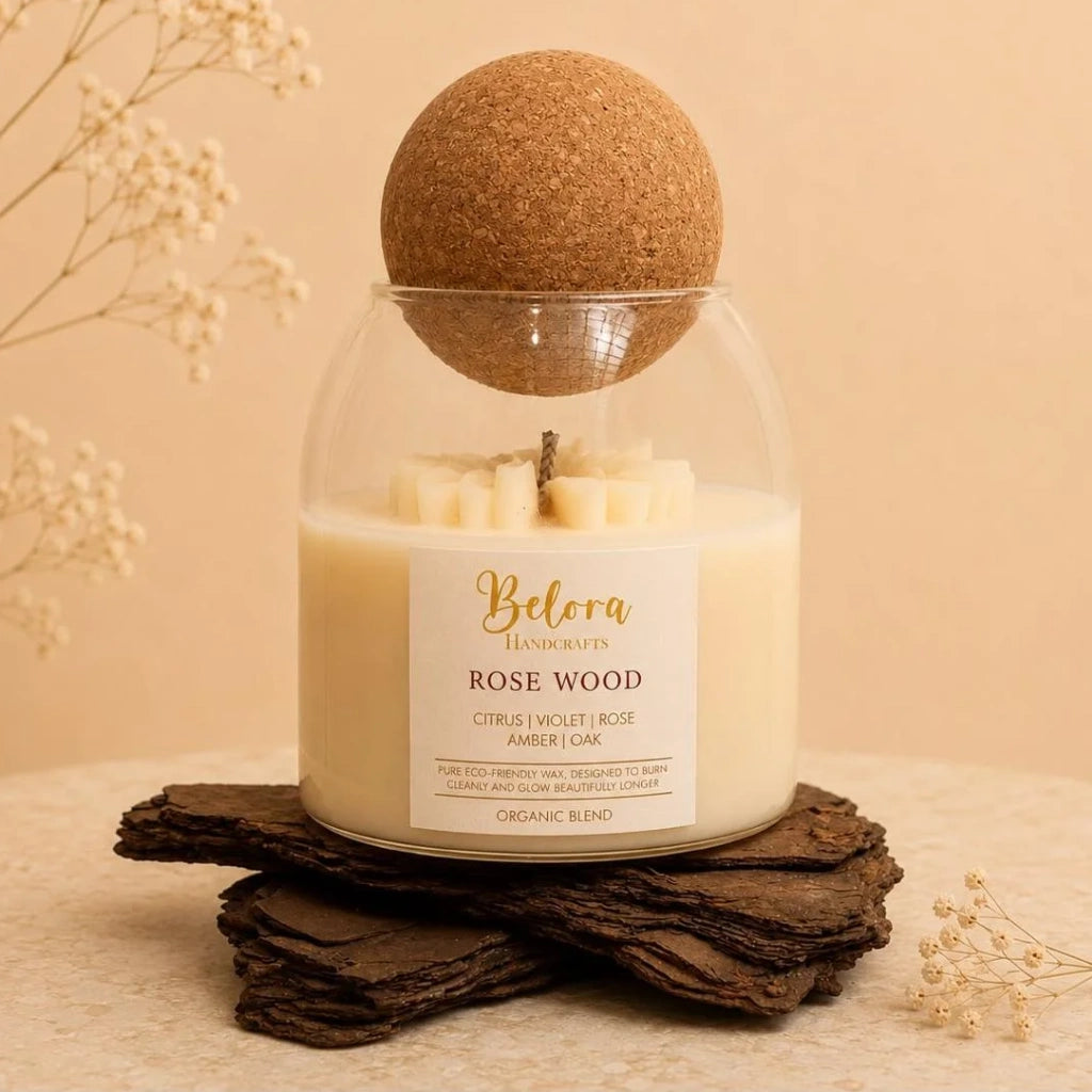 Rose Wood candle by Belora Handcrafts in a glass jar with a cork ball lid, set on a piece of bark