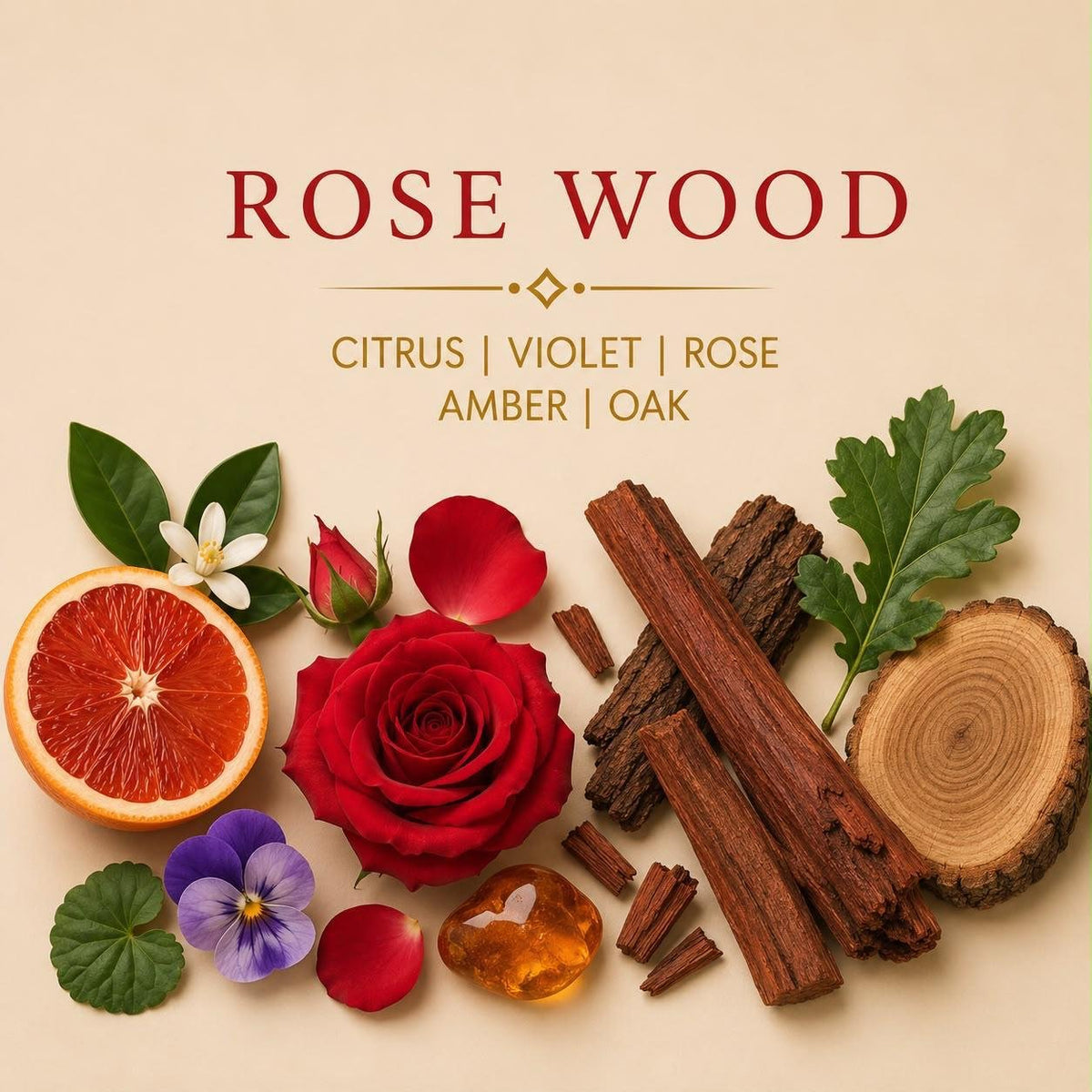 Rose Wood candle scent notes with citrus, violet, rose, amber and oak