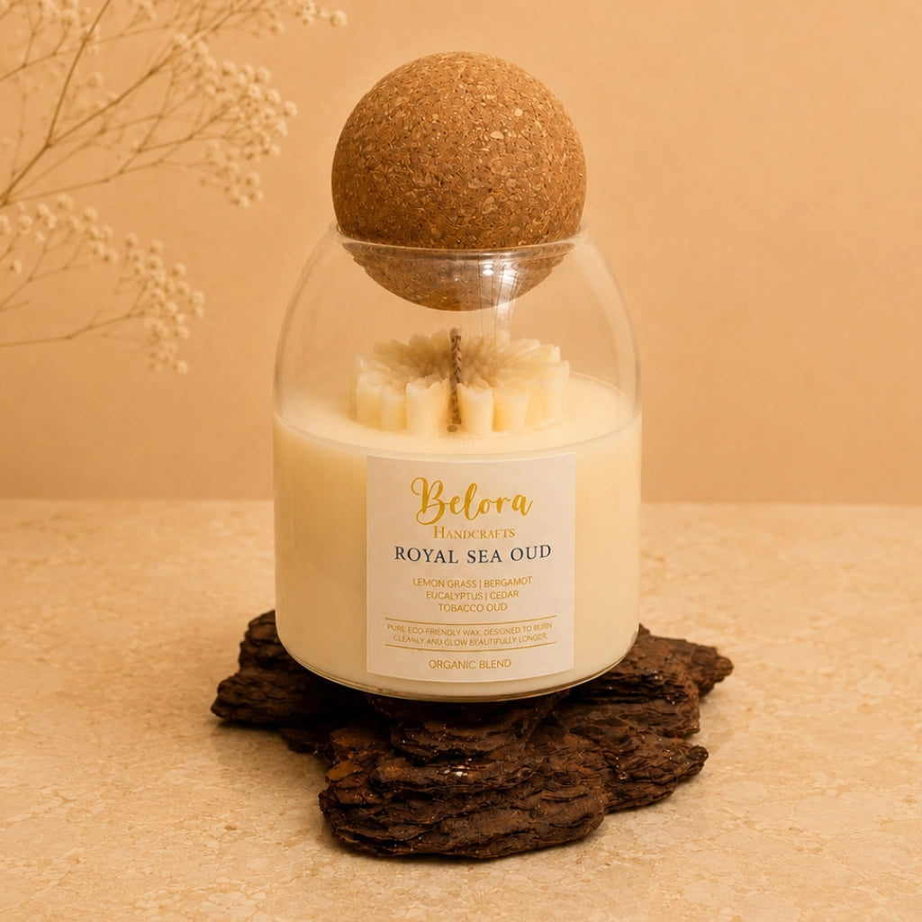 Royal Sea Oud candle by Belora Handcrafts in a glass jar with a cork ball lid, set on a piece of bark