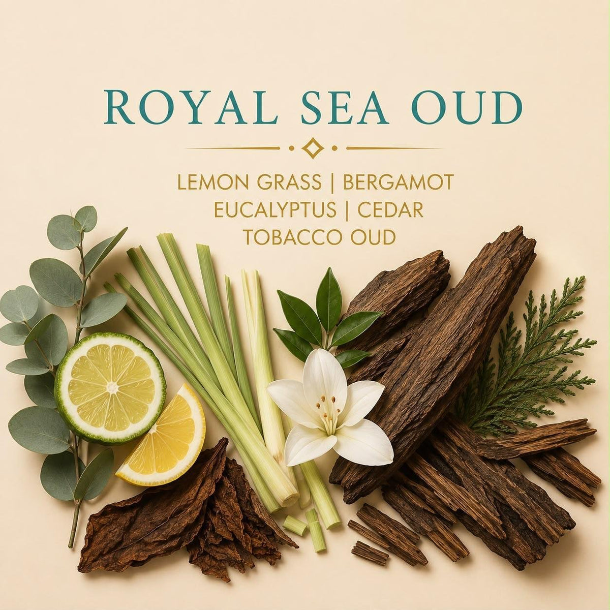 Royal Sea Oud candle scent notes with lemongrass, cool eucalyptus, tobacco and oud