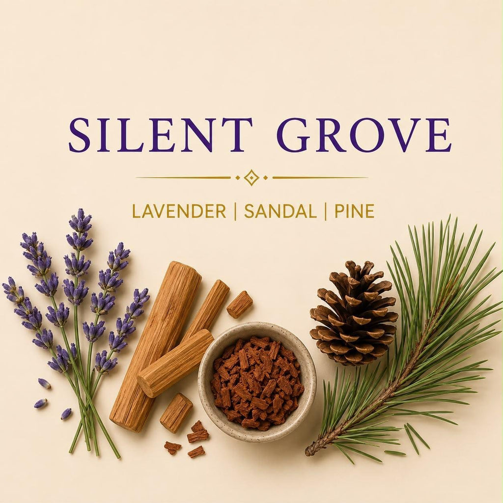 Silent Grove candle scent notes with lavender, sandalwood and pine