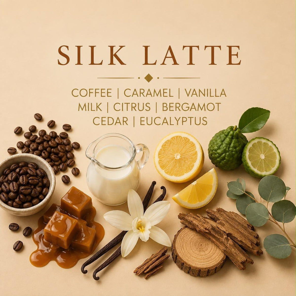 Silk Latte candle scent notes with coffee, caramel, vanilla, milk, citrus, bergamot, cedar and eucalyptus