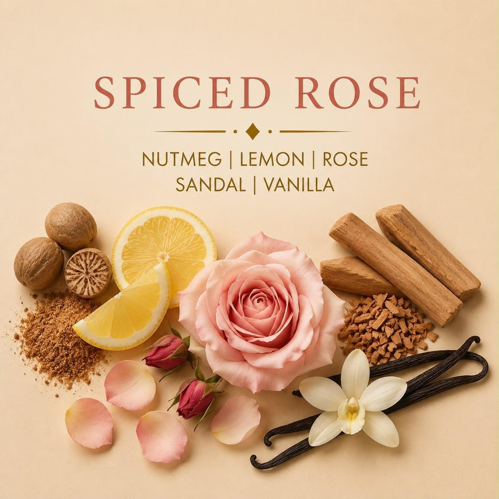 Spiced Rose candle scent notes with nutmeg, lemon, rose, sandalwood and vanilla