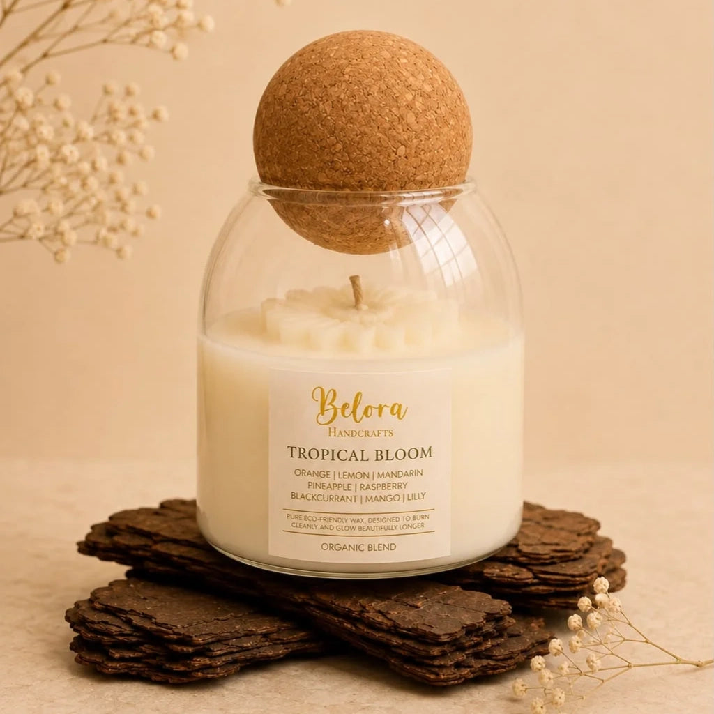 Tropical Bloom candle by Belora Handcrafts in a glass jar with a cork ball lid, set on a piece of bark