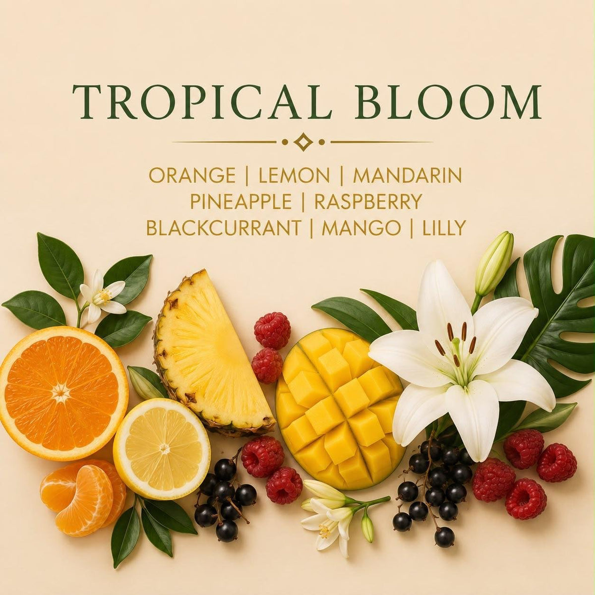 Tropical Bloom candle scent notes with orange, lemon, mandarin, grapefruit, blackcurrant, mango and lily