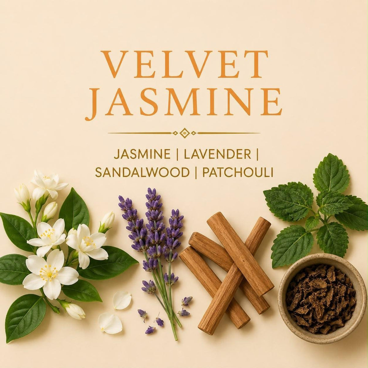 Velvet Jasmine candle scent notes with jasmine, lavender, sandalwood and patchouli