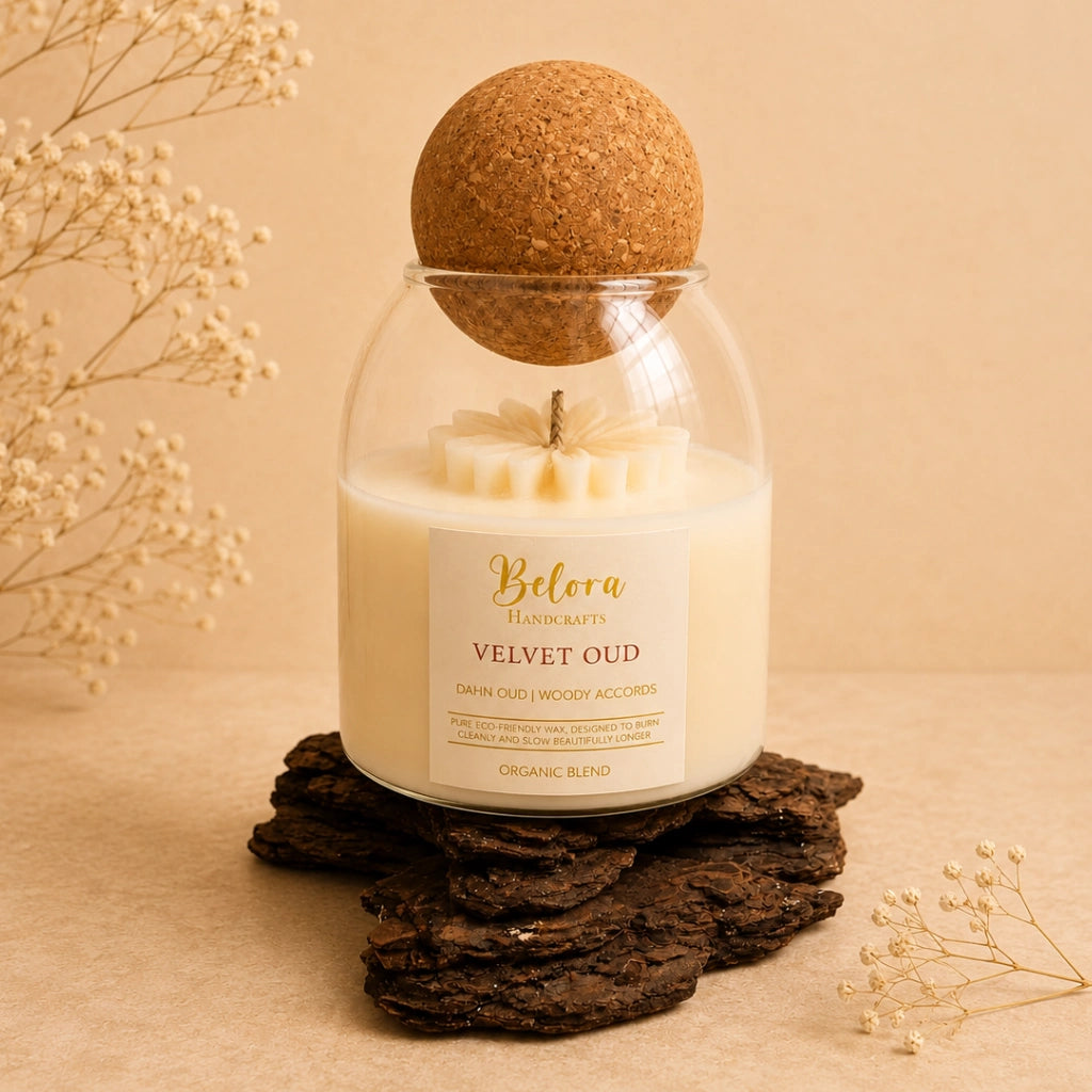 Velvet Oud candle by Belora Handcrafts in a glass jar with a cork ball lid, set on a piece of bark