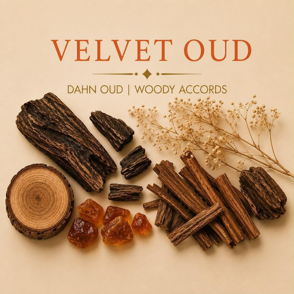 Velvet Oud candle scent notes with Dahn oud and woody accords