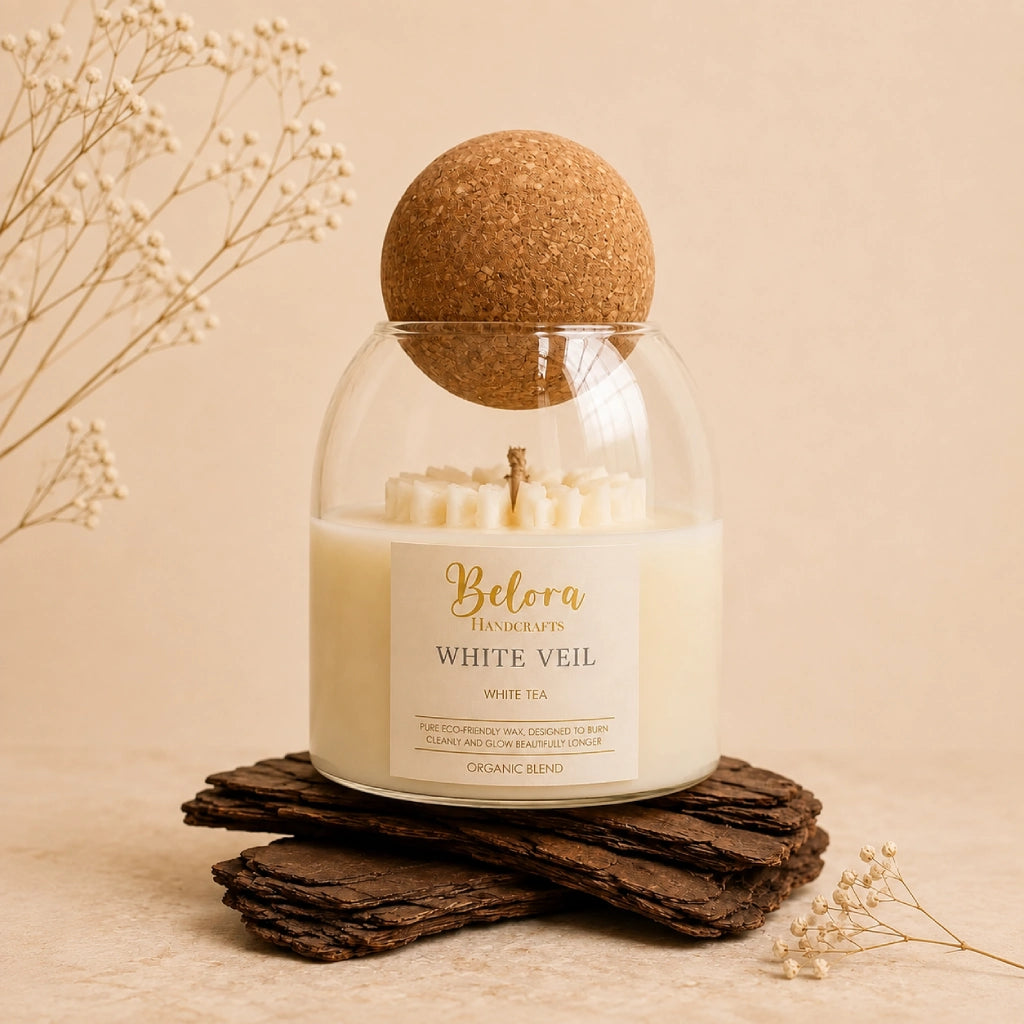 White Veil candle by Belora Handcrafts in a glass jar with a cork ball lid, set on a piece of bark