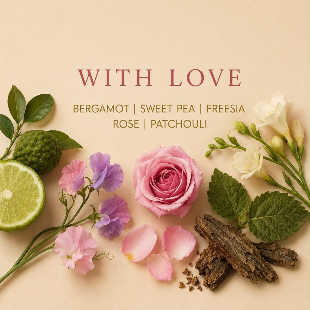 With Love candle scent notes with bergamot, sweet pea, freesia, rose and patchouli