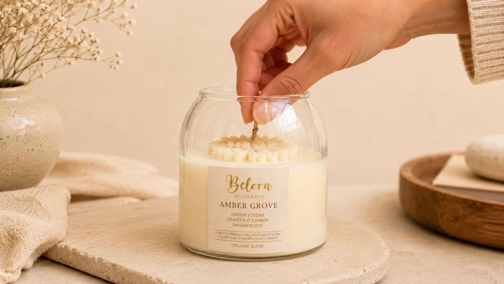 Hand trimming a candle wick before lighting.