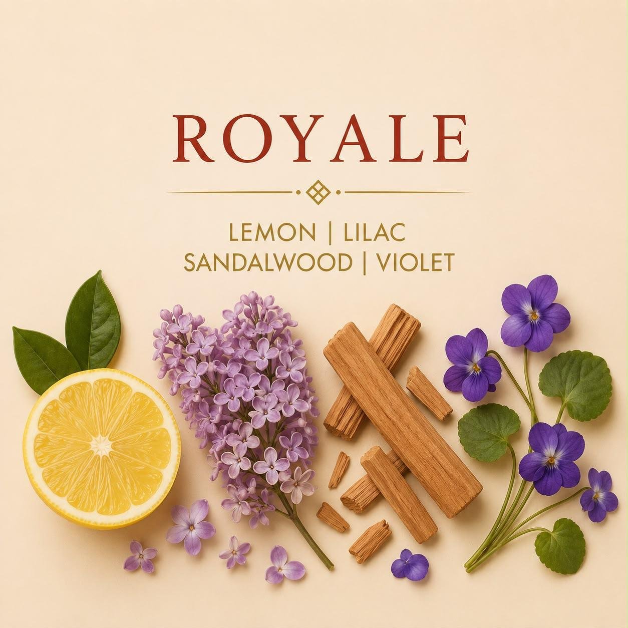 Royale candle scent notes with sandalwood, violet, lemon and lilac